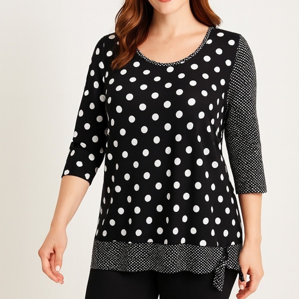 64 Onque Casual Women's Petite L Black White Polka Dot Tie Front 3/4 Sleeve Top
